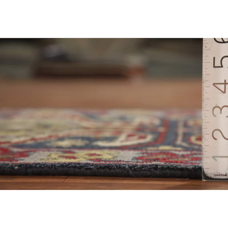 Hand Knotted Oriental 100% Wool Carpet Traditional Geometric Navy Blue & Blues Heriz (serapi) Runner Rug - 9' 10'' X 2' 6''