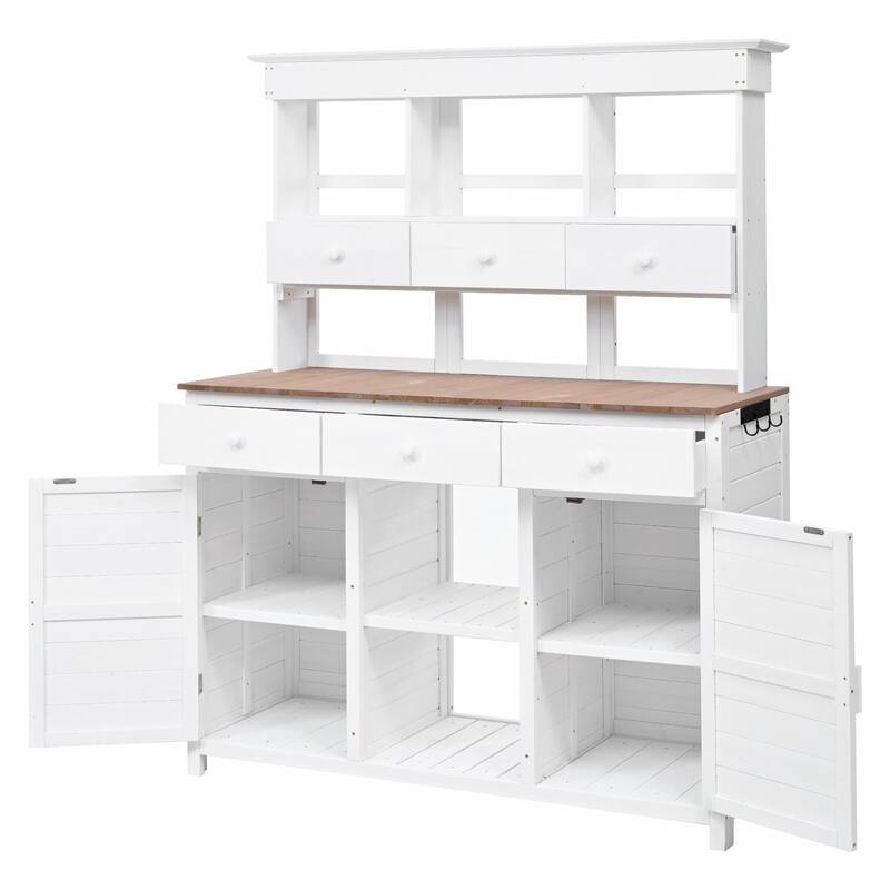 65.7'' Tall Garden Potting Bench - Patio Workstation with Hutch, 3 Shelves, 6 Drawers, 2 Cabinets & Side Hooks