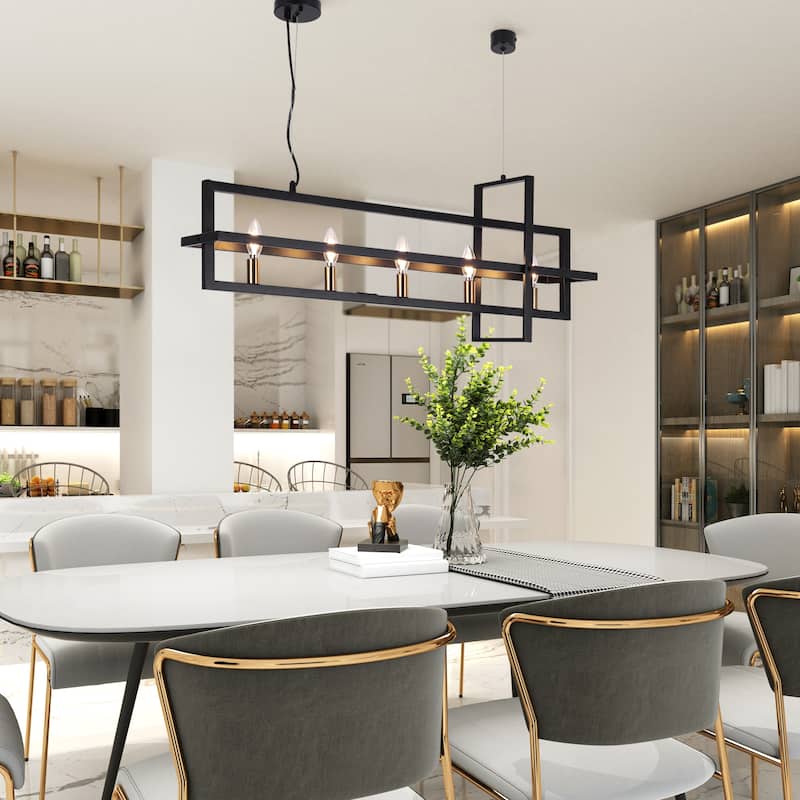 Modern 5-Light Linear Chandelier Candle Kitchen Island Lights - Black&Brass - 36.7"Wx7"Dx14.7"H