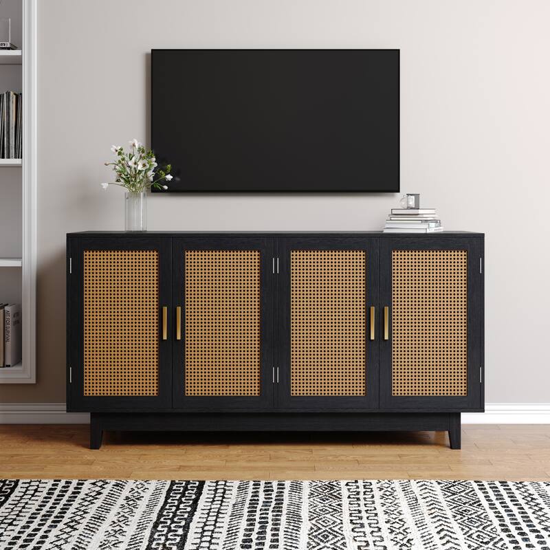 Rattan Accent Cabinet Storage Sideboard Buffet with 4 Doors - Black