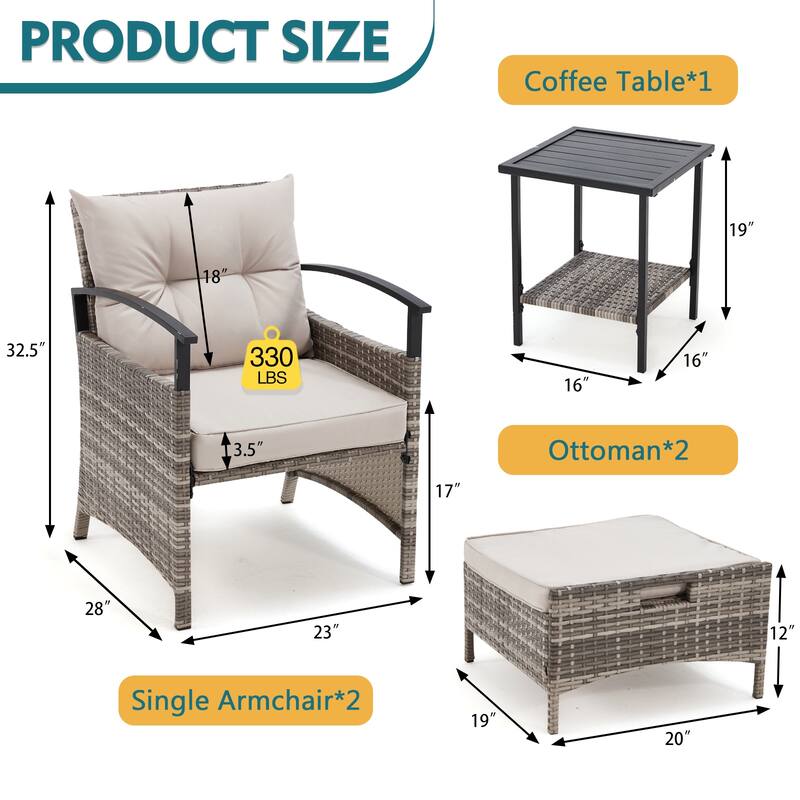 AVAWING 5-Piece Patio Furniture Set Wicker Conversation Set with Coffee Table and Ottoman