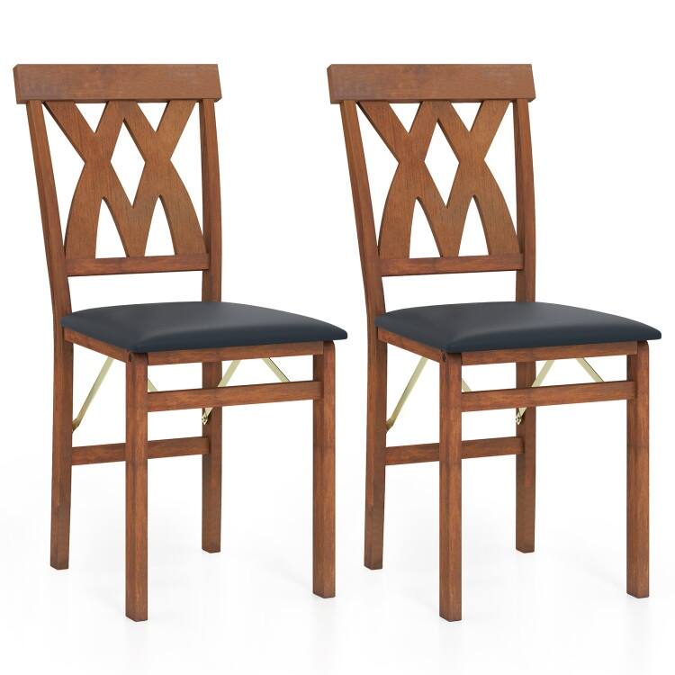 Set of 2 Folding Wooden Dining Chairs with PVC Leather Seat X-Back - 16" x 21" x 36" - Walnut
