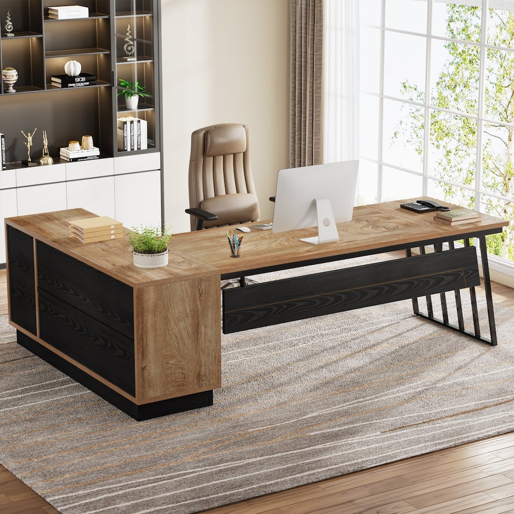 71-Inch Executive Desk, L-Shaped Desk with Cabinet
