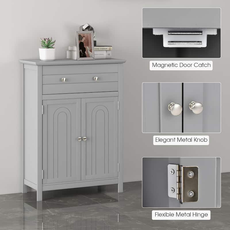 Gymax Bathroom Floor Cabinet Wooden Storage Organizer with Drawer &