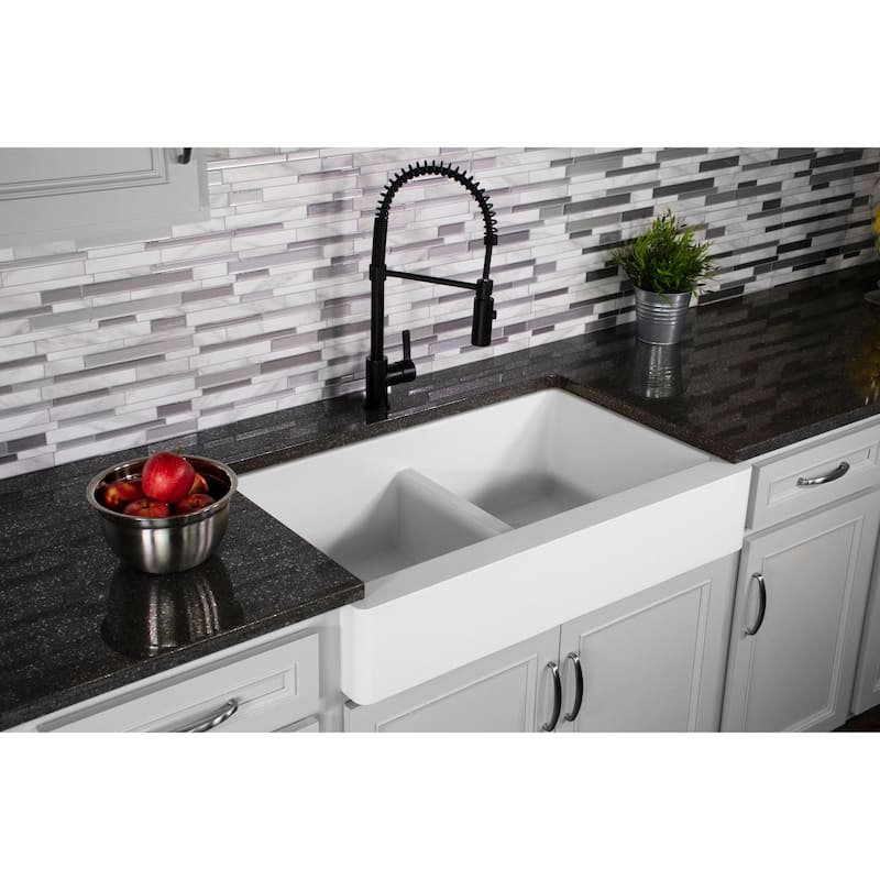 Karran Retrofit Farmhouse Quartz 34 in. Double Bowl 50/50 Sink Kit