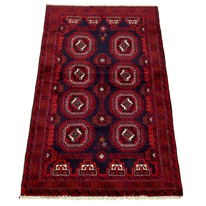 Hand-knotted Rizbaft Navy, Red Wool Rug - 3'4 x 6'1/3'4" x 6'1"