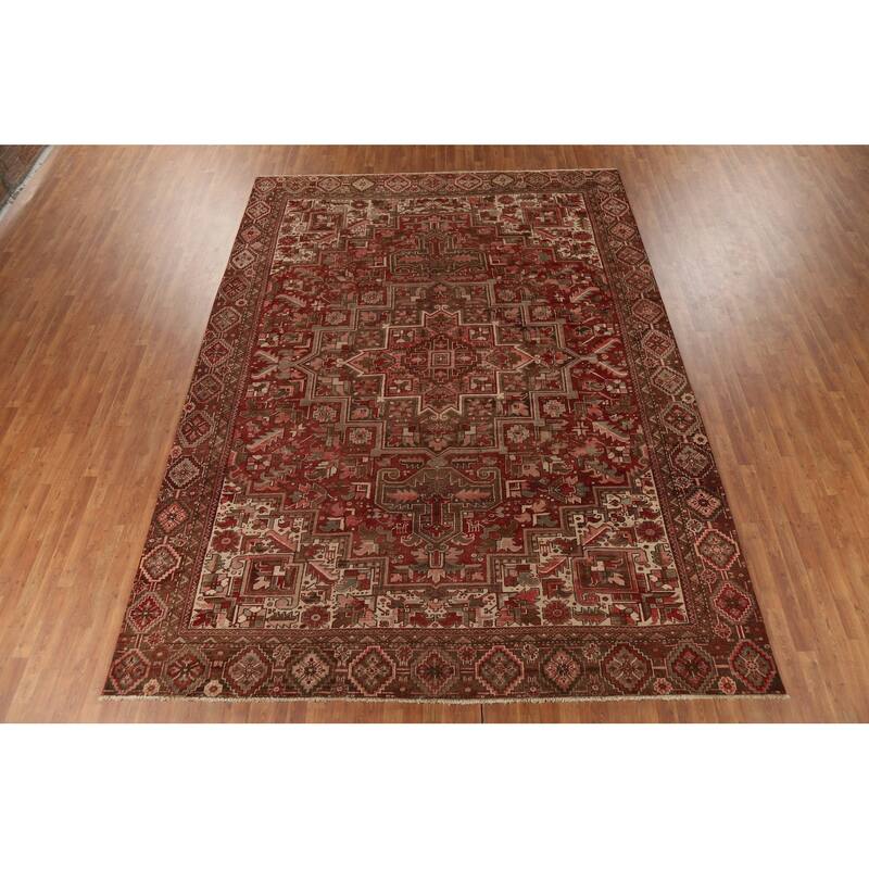 Red Geometric Heriz Persian Vintage Rug Handmade Oriental Wool Carpet - 9'10"x 13'3"