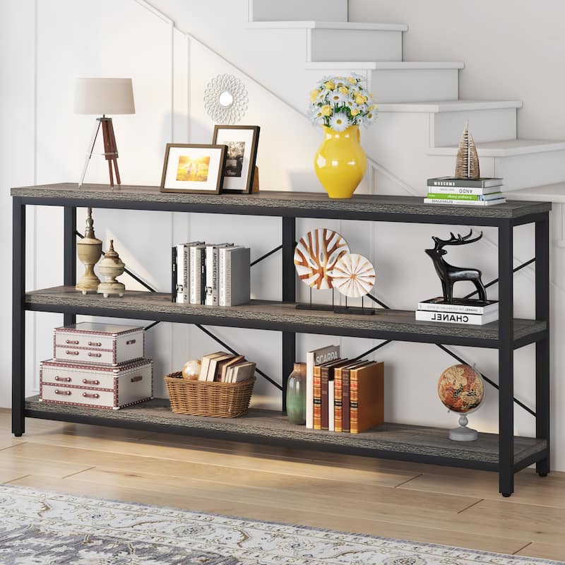 Extra Long Console Sofa Table with Metal Frame for Entrance, 3 Tiers TV Stand - Grey