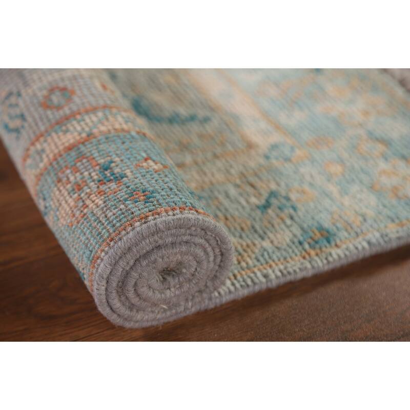 Light Blue Oushak Vegetable Dye Accent Rug Handmade Wool Carpet - 1'11"x 4'0"