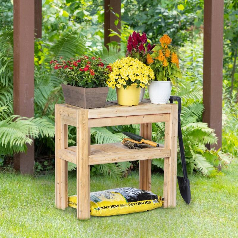 2-Tier Cedar Wood Storage Shelves with Adjustable Bottom Shelf for Indoor and Outdoor Use - 31" x 16" x 30"