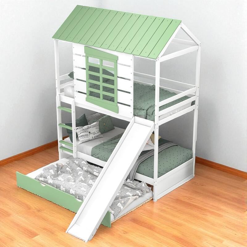 Twin over Twin House Bunk Bed with Trundle and Convertible Slide, Roof Design and Guardrails