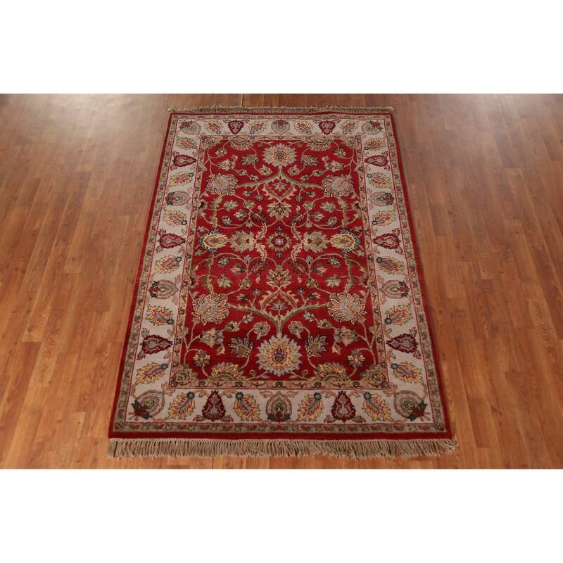 All-Over Floral Red Agra Oriental Area Rug Hand-Knotted Wool Carpet - 4'2"x 6'2"