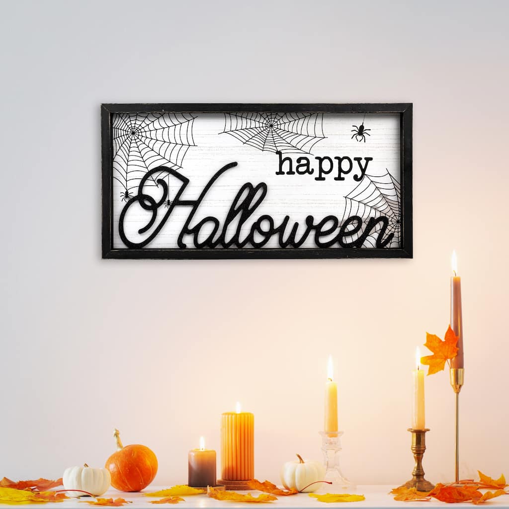 Rectangular Framed "Happy Halloween" Spider Web Wall Sign - 23.5"