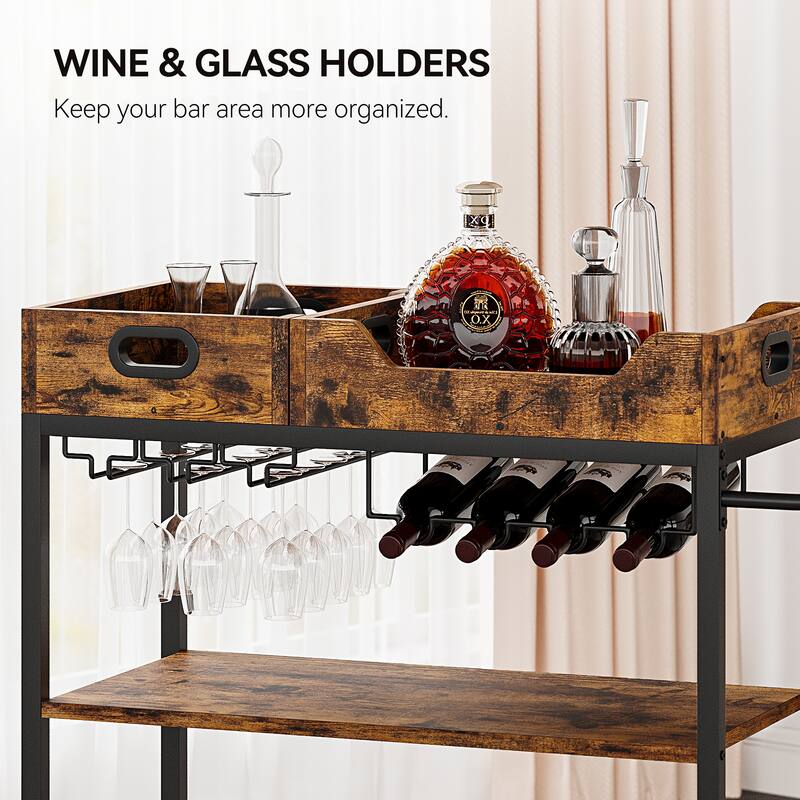 Bar Cart, 3 Tier Bar Carts for The Home,Grey Bar Cart with Wheels, Two Portable Trays, Wine Rack, Glasses Holder