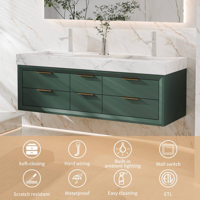 Modland 60" Modern Floating Bathroom Vanity with Double Sink, Soft-Close Drawers, White Stone Countertop