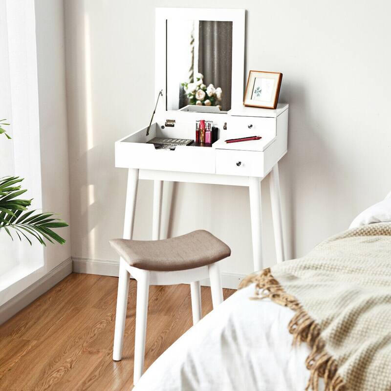 Costway Vanity Dressing Table Flip Desk Furniture Stool 2 White