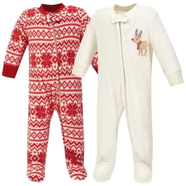 slide 1 of 1, Hudson Baby Baby Fleece Zipper Sleep and Play 2pk, Reindeer 0-3 Months - Reindeer