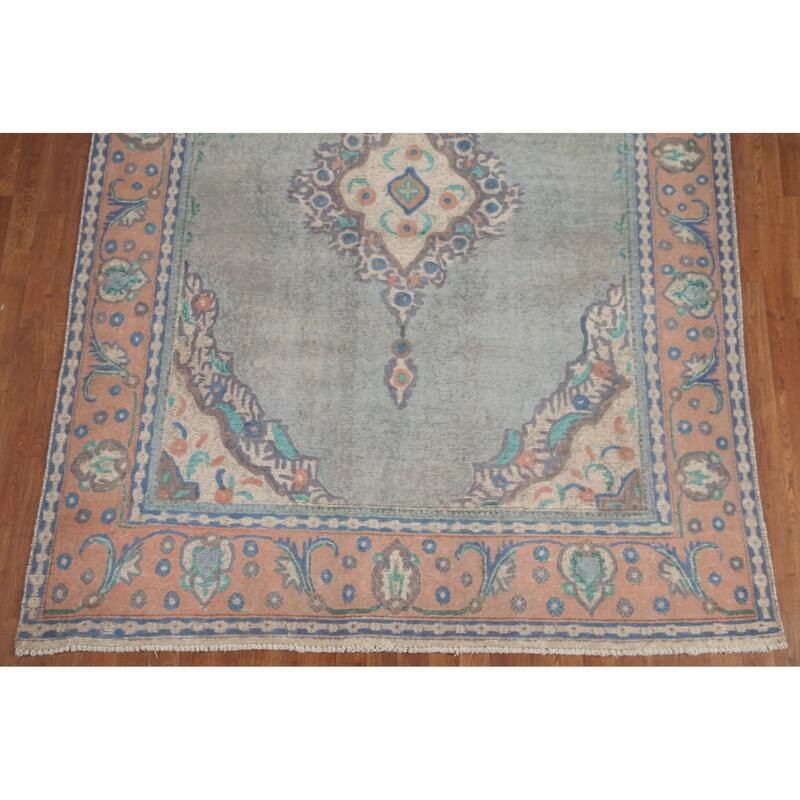 Hand Knotted Oriental 100% Wool Carpet Traditional Medallion Greys & Charcoal Tabriz Area Rug - 9' 6'' X 6' 9''