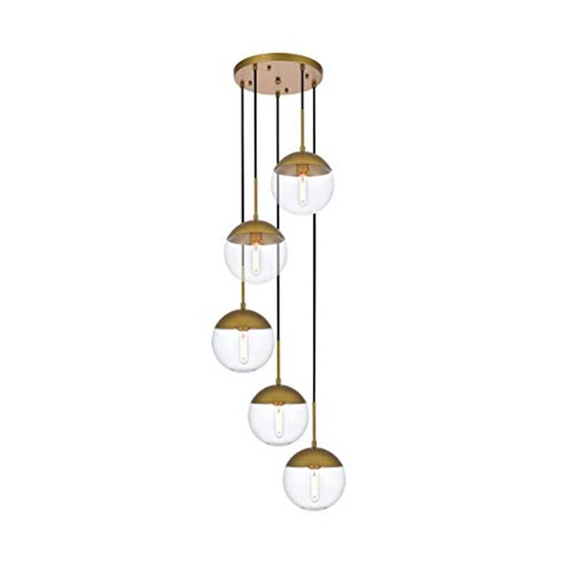 Brass Pendant Light - 5 Light Antique Eclipse Chandelier with Clear Glass Shades - 9