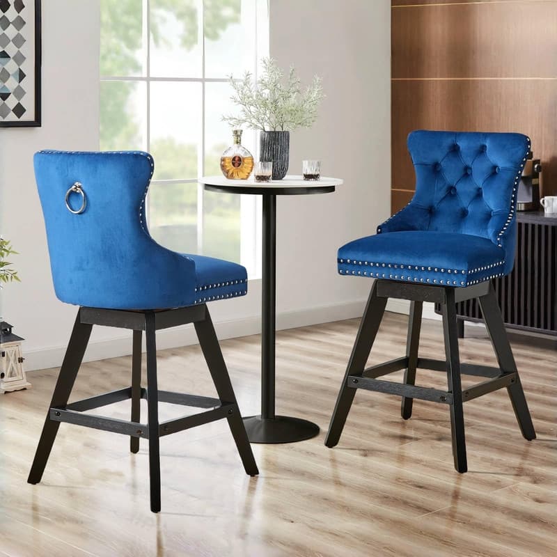 Velvet Wing-Back Tufted Nailhead Upholstered Bar Stools (Set of 6) - Blue Velvet Set of 2