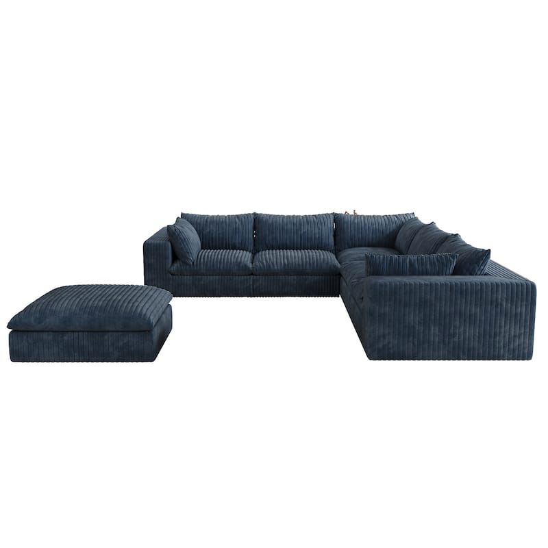 Modular Deep Seat Corner Sofa Corduroy Upholstered L-shaped Sectional Couch with Ottoman and Double-layer Seat Cushions