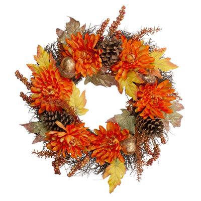 Mums and Acorns Artificial Fall Harvest Floral Twig Wreath - 22" - Unlit
