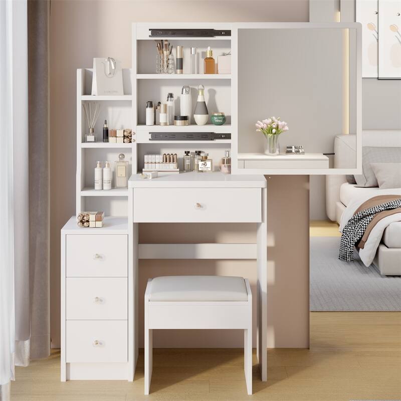 High Capacity Vanity Table with Cushioned Stool and Sliding Mirror - White