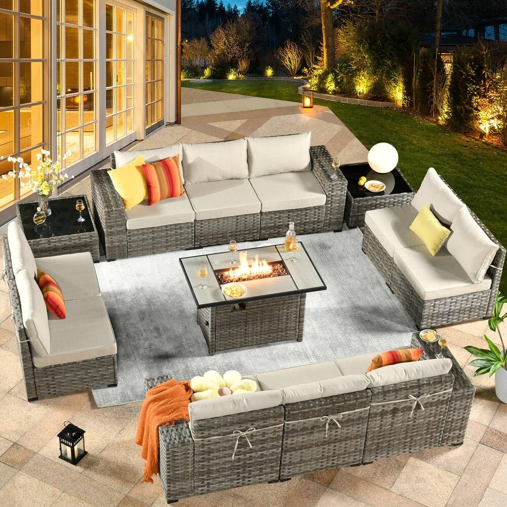 XIZZI 13-piece Patio Wicker Furniture Wide Armrest Set with Firepit