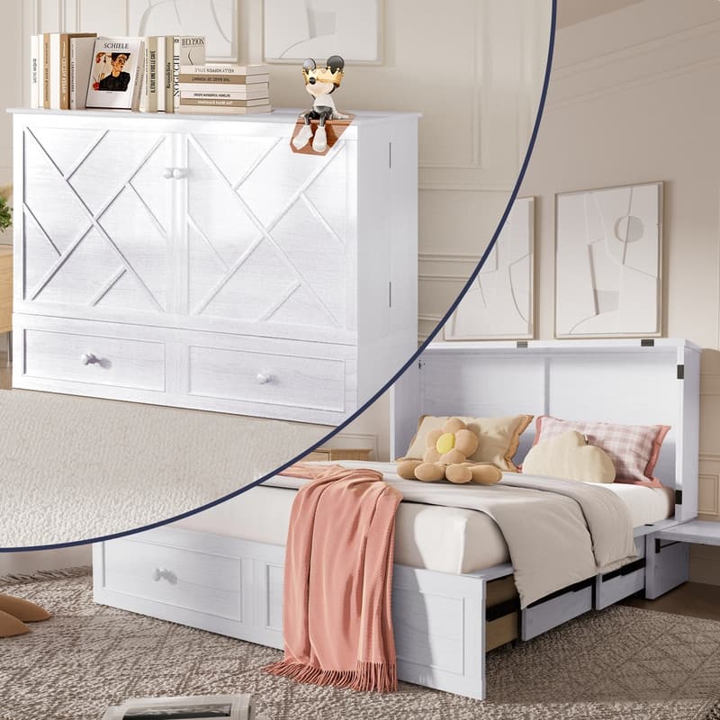 Mixoy Queen Size Murphy Bed Chest with Mattress and Storage - White - Queen