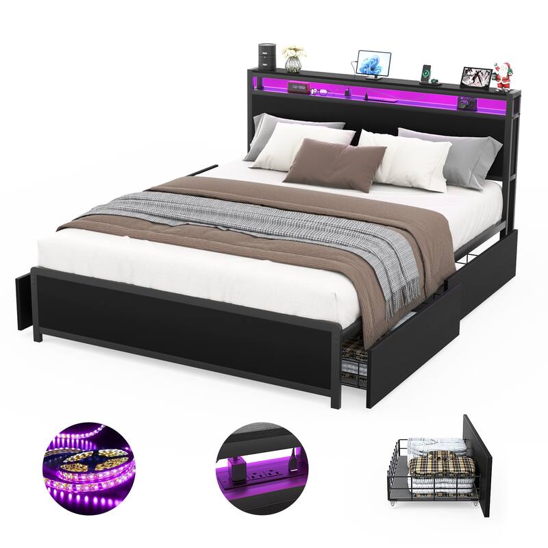 Platform Bed with Hiden Drawers, Bed Frame with Headboard and Charging Station