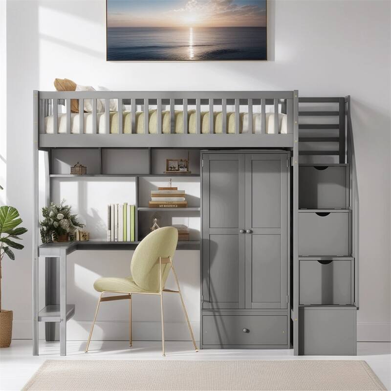 Twin size Loft Bed with Bookshelf,Drawers,Desk,and Wardrobe - Grey
