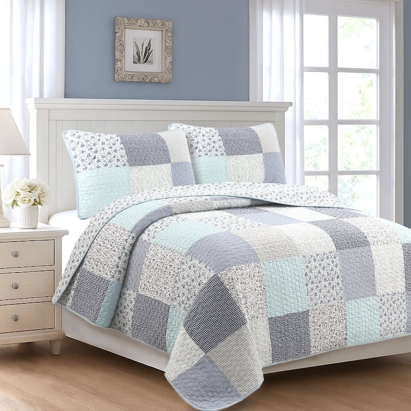 Cozy Line Subtle Blue Checker Cottage Floral Stripe Cotton 3 Piece Patchwork Quilt Bedding Set