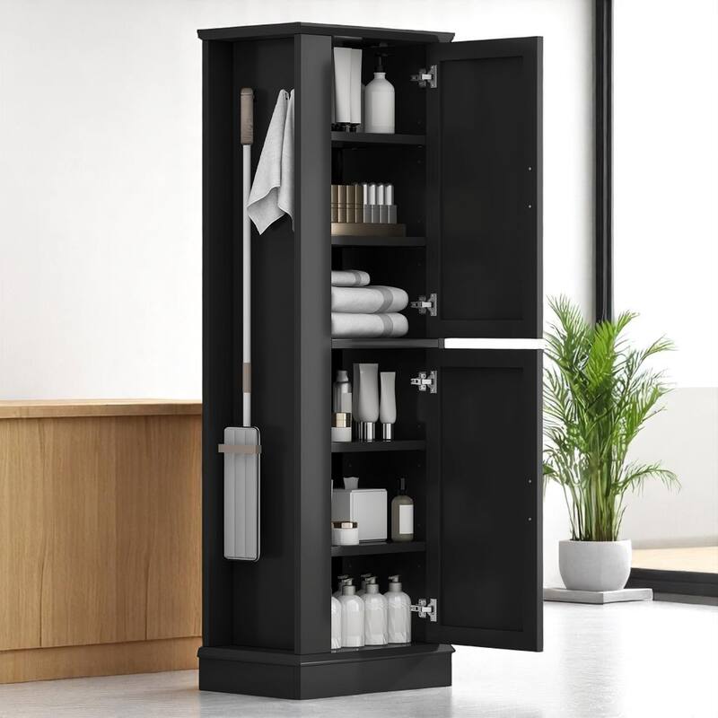 68-Inch Tall Bathroom Storage Cabinet with 2 Doors, Adjustable Shelves, Side Hooks & Anti-Tip Kit, Freestanding Organizer, Black