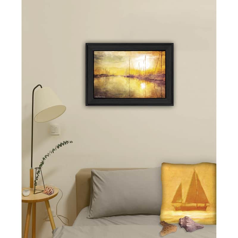 TrendyDecor4U Contemporary "Yellow Sunset Boats In Marina " Framed Print Wall Art