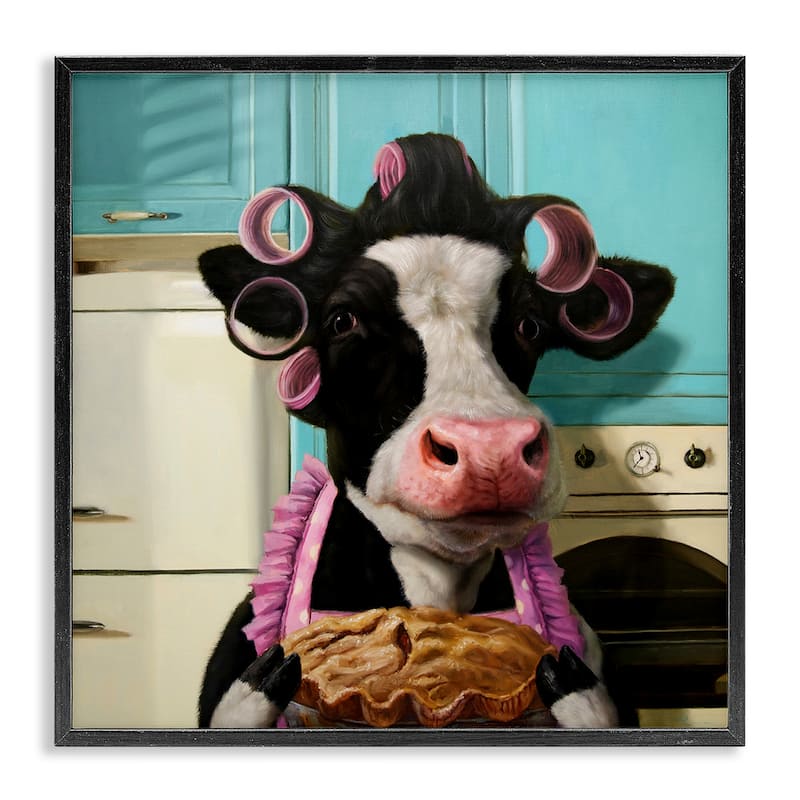 Stupell Glamorous Farm Cow Baking Pie Hair Rollers Framed Wall Art - Blue - 24 x 24 - Black