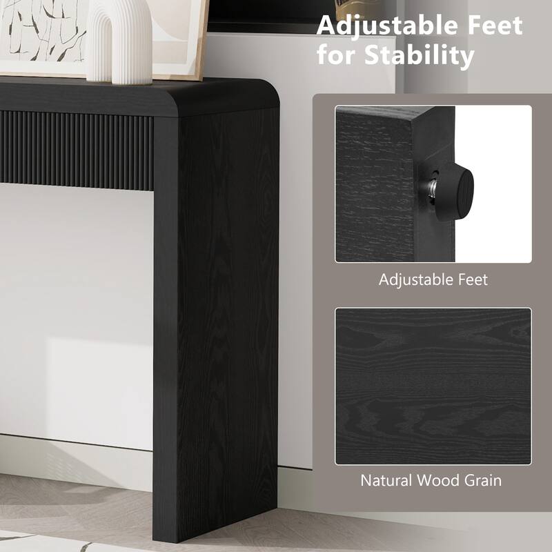 Solid Wood Veneer Rustic Console Table With Three Fluted Drawers, Showcasing Natural Wood Grain.