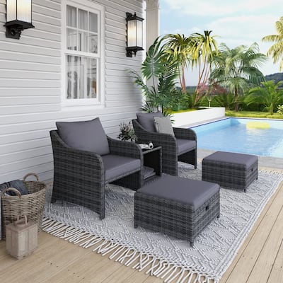 EROMMY 5-Piece Wicker Patio Furniture Set with Cushions - Rattan Chairs, Ottoman & Side Table for Balcony, Outdoor Lounge Set