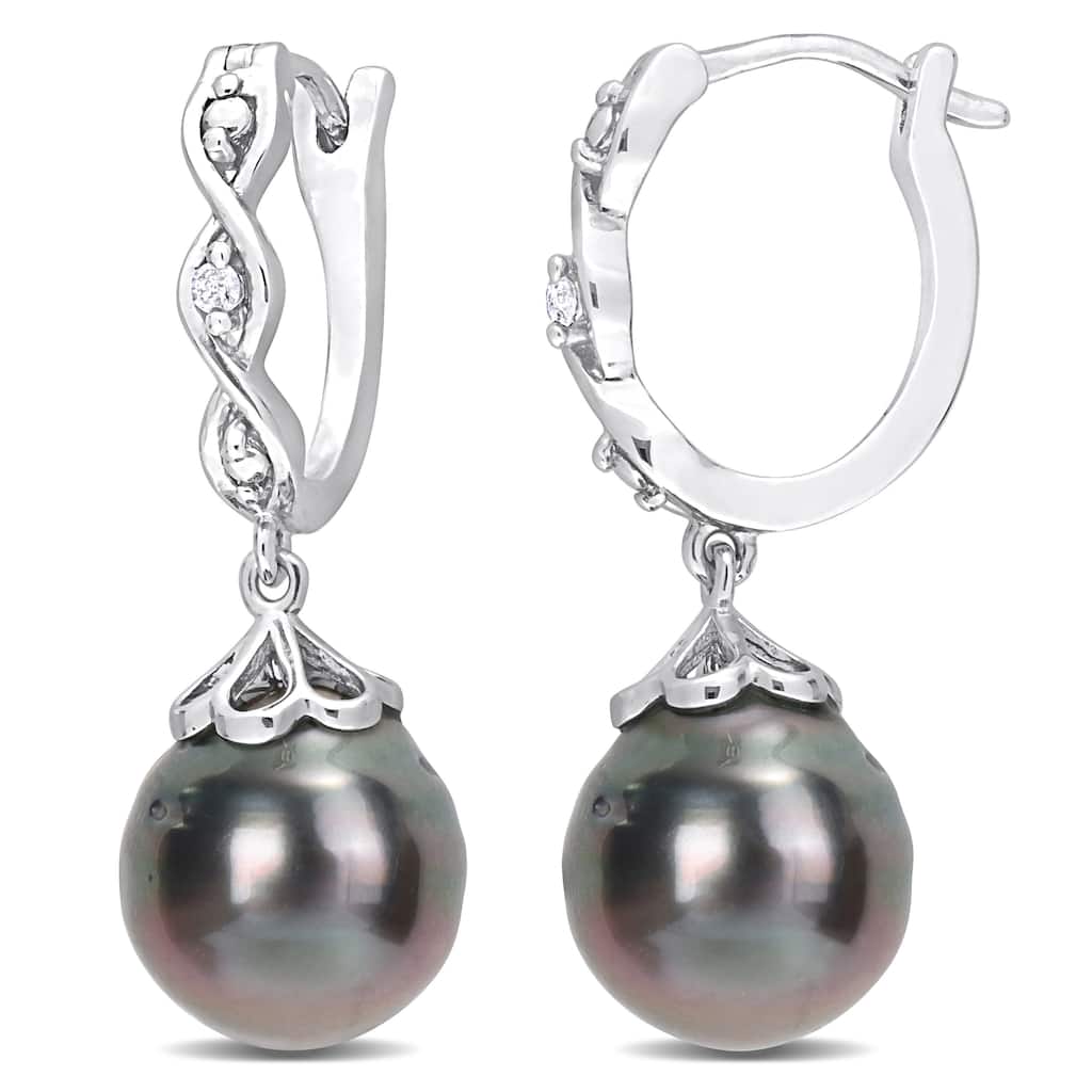 Miadora 8-9mm Black Tahitian Cultured Pearl and Diamond Accent Infinity Huggie Earrings in Sterling Silver