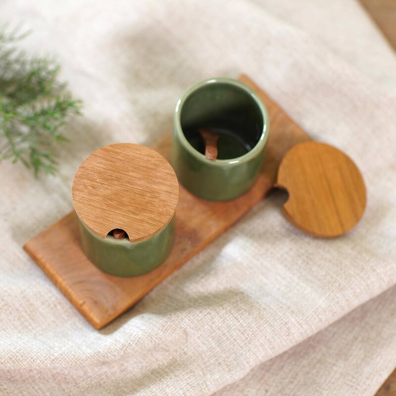 Novica Handmade Green Start Ceramic And Teak Wood Condiment Set (5 Pieces)