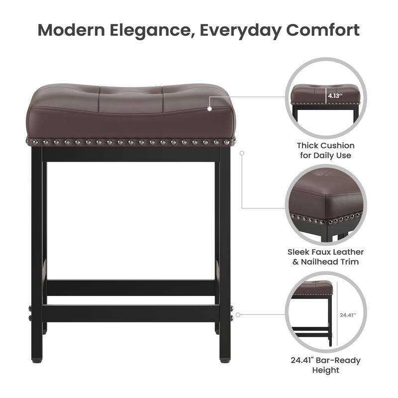 24.4" Backless Bar Stools Set of 2 - PU Leather Counter Height - Kitchen Island & Bar
