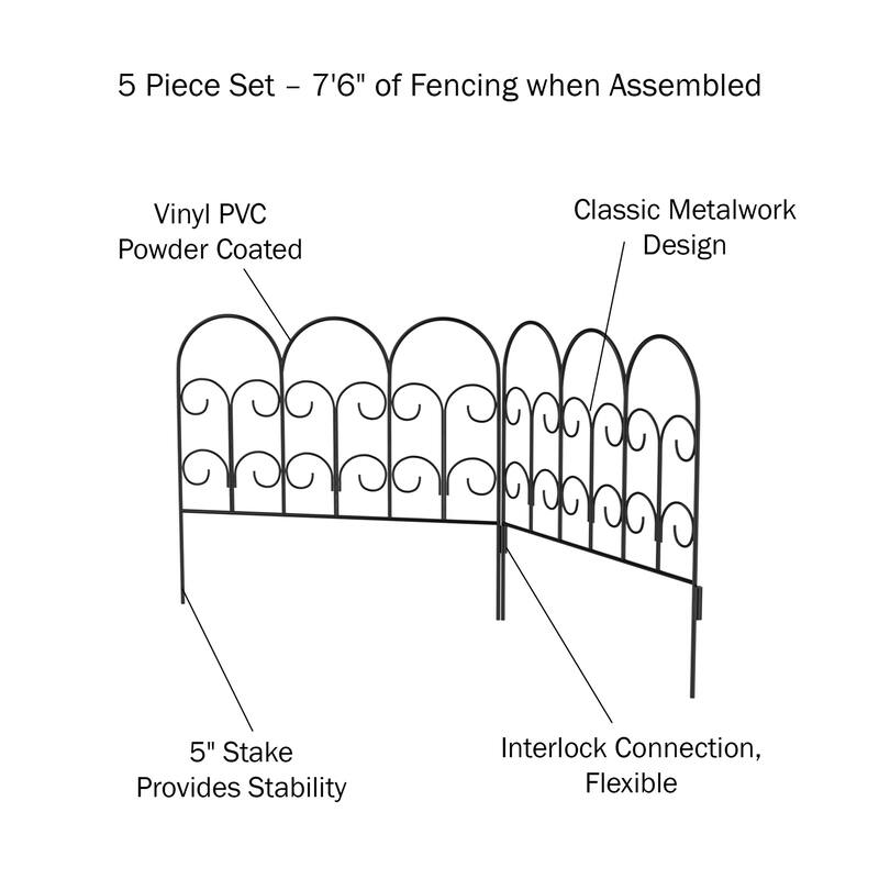 Metal Garden Fencing - Set of 5 Interlocking Panels for Flower Beds and Landscaping by Pure Garden (Black)