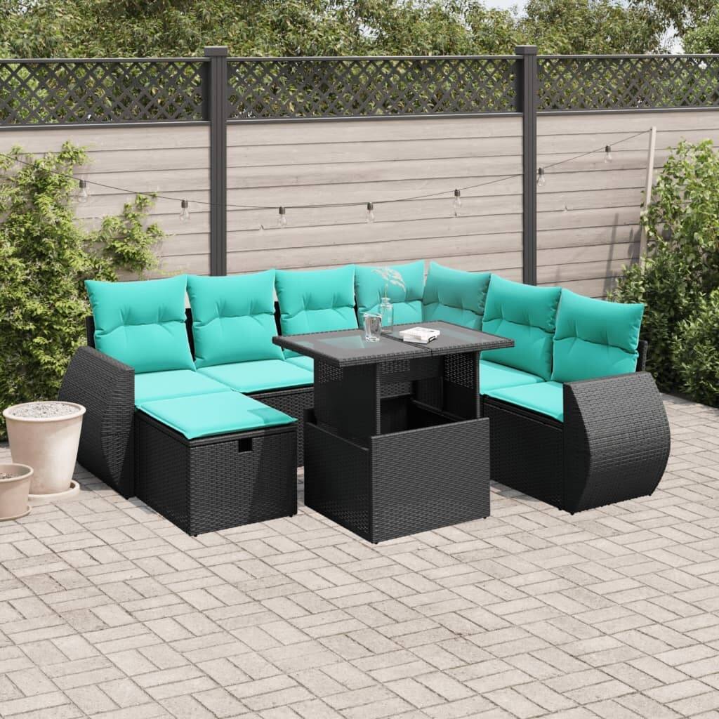 vidaXL 8 Piece Patio Sofa Set with Cushions Black Poly Rattan - 24.4" x 24.4" x 27.2"
