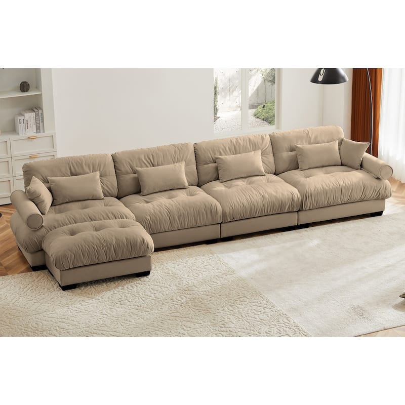 L-shaped Convertible Velvet Sectional Cloud Sofa with Ottoman & Pillows