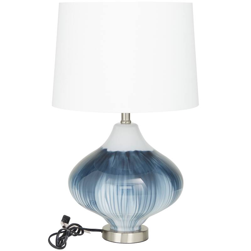 Blue Glass Gourd Style Base Room Table Lamp with Drum Shade