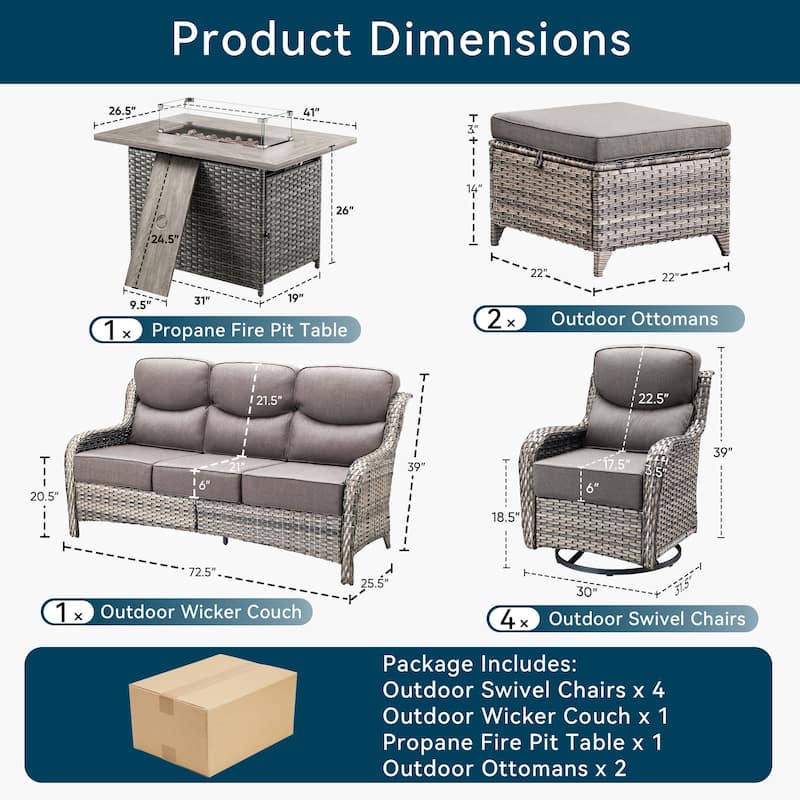 Pocassy 8 Pieces Outdoor 6 Inch Sofa Swivel Chair Ottoman with Fire Table