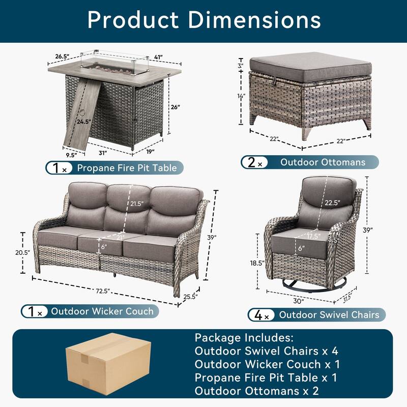 Pocassy Outdoor 6 Inch Sofa Swivel Chairs Ottoman with Fire Table Set