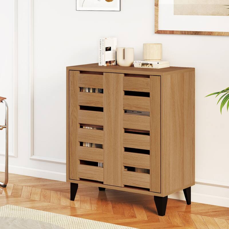 Gymax 2-Door Shoe Cabinet 4-Tier Farmhouse Shoe Organizer w/ Louvered