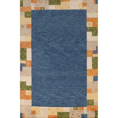 Blue Geometric Gabbeh Indian Area Rug Handmade Border Wool Carpet - 5'3" x 7'7"