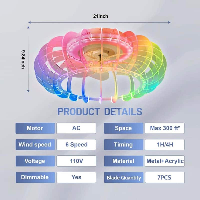15"/19''/20"/42" RGB Color Dimmable LED Ceiling Fan with APP & Remote Control 6 Wind Speed, with Bluetooth Speaker Optional