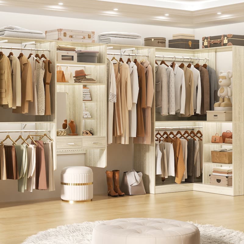 Cimly 131'' - 156'' Closet System with Makeup Vanity, All-in-one Corner Closet Organizer with Shoe Rack and Tower Shelves - 131.4'' - Washed Oak